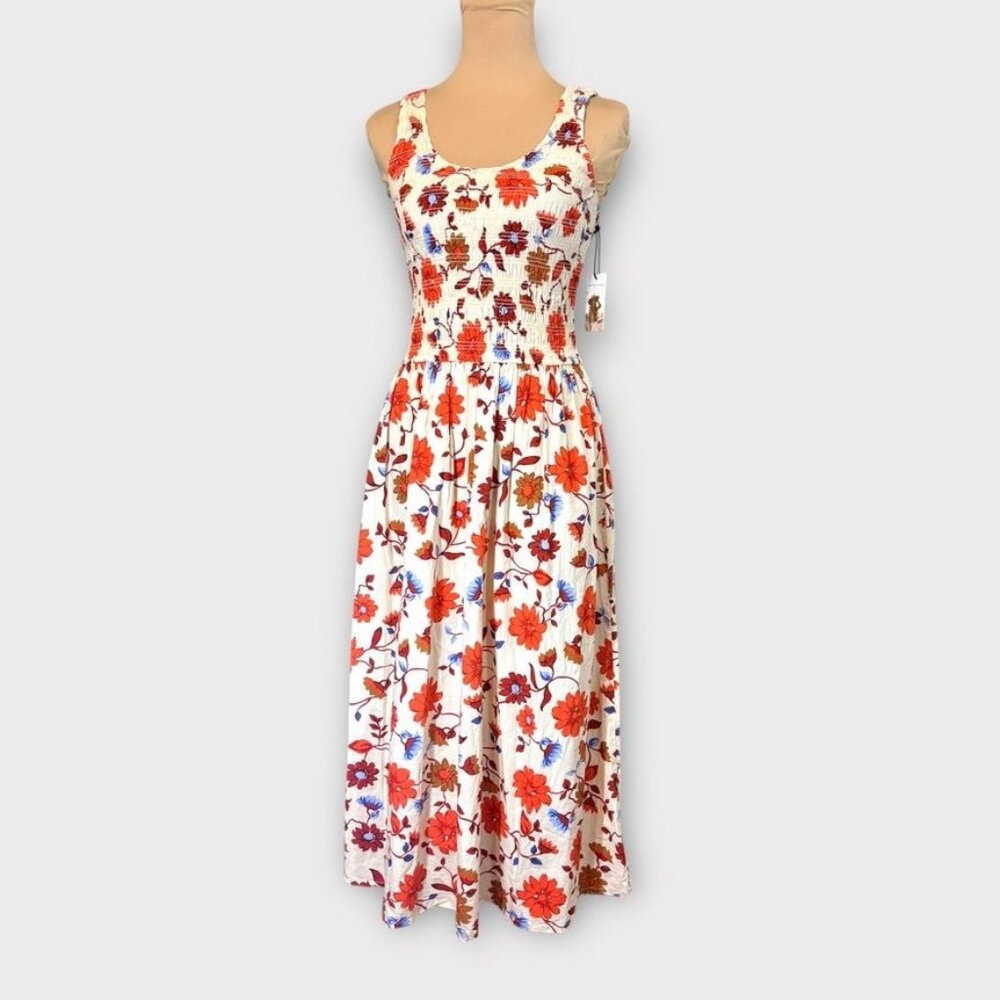 NWT Floral Midi Dress XS White Red Blue Smocked Poplin Sincerely Jules NEW Boho